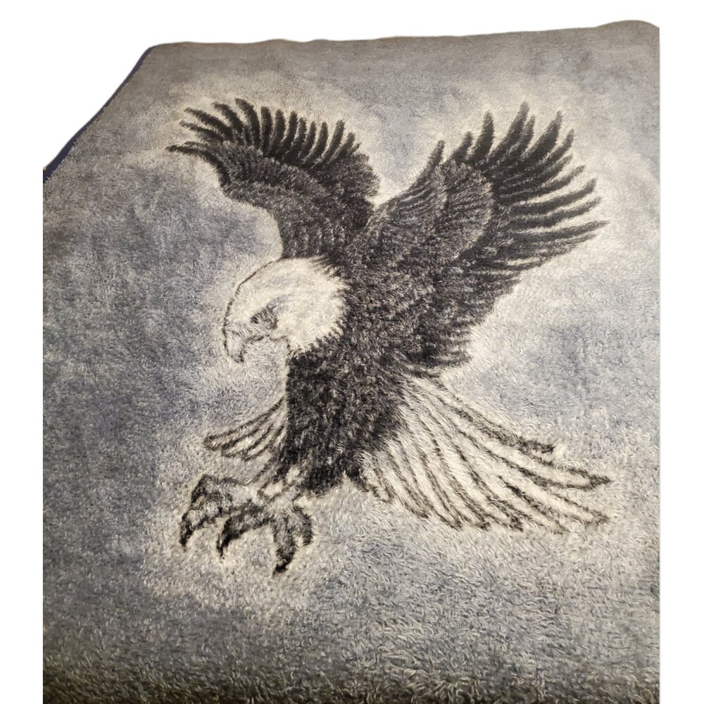 Vintage Biederlack Blanket Bald Eagle Made in USA 78" x 52" Blue/Gray Reversible